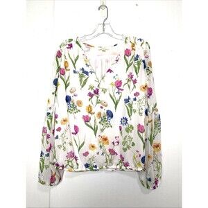 Tamara H Blouse Womens Size L White Floral Top Lined Long Bubble Sleeves Boho